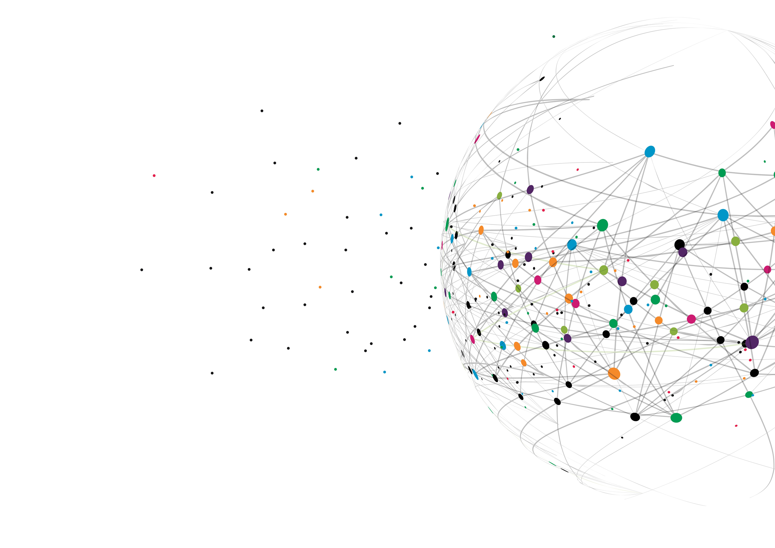 Globe network map graphic with multicolored nodes connected by fine lines